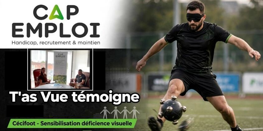 L'image a pour titre T'as vue Témoigne. T'as vue est le nom de l'entreprise interviewée dans cet article. L'image montrant une personne jouant au cécifoot.